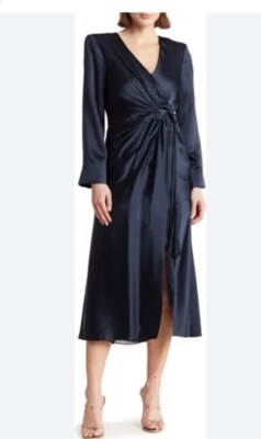 CINQ À SEPT   Serena  100%Silk Faux Wrap,Lined, Midi Dress, Sz 4,New, Navy