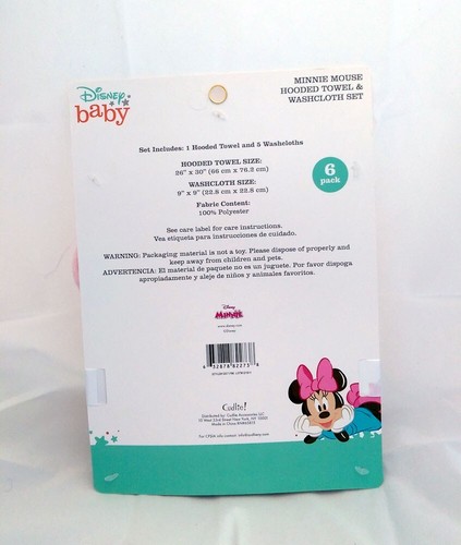 Disney Baby Minnie Mouse Hooded Towel And Washcloth Set 6 Pack, Pink, White New - Picture 6 of 6