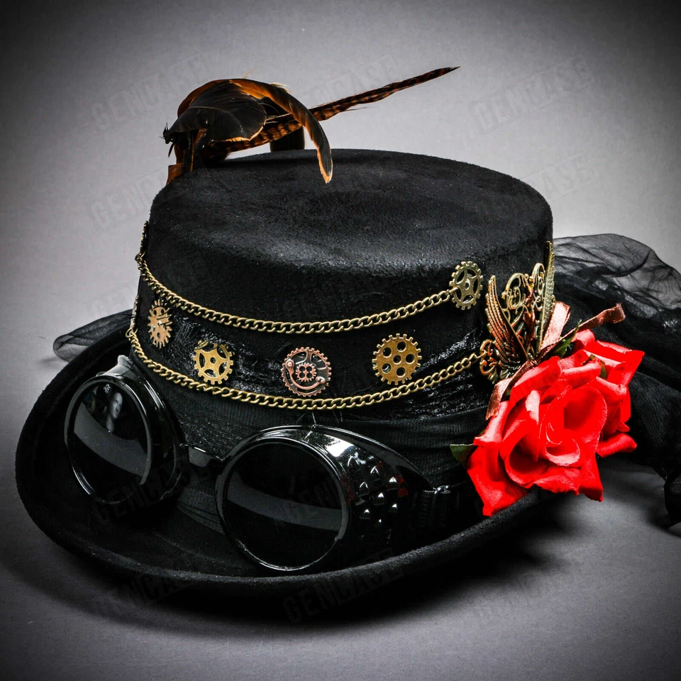 Negro Steampunk Rosa Encaje SEXY Gafas Mujeres Pluma Top Sombrero Fiesta Cabeza Equipo Foto 4 de 4