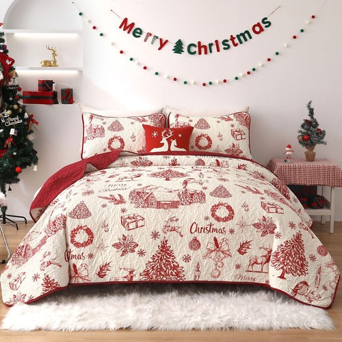 DJY Christmas Quilt Set King Size, Red Xmas Tree Patterns Bedspread Set