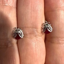 Ladybug Earrings Rhodium Plated Over Silver w/ Simulated Red Stones w/ Gift Box