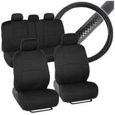 Juego completo de funda de asiento de coche de tela negra + cubierta de volante de cuero PU 10 piezas
