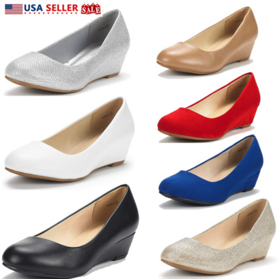 Womens Slip On Pump Shoes Low Wedge Heel Round Toe Comfort Work Dress Shoes