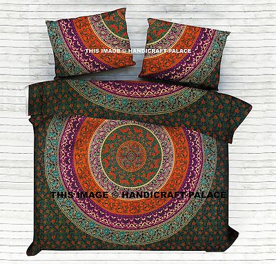  Indian Mandala Green Reversible Duvet Cover Hippie Bohemian Queen Quilt Set 