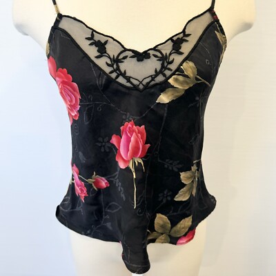 90s Victoria's Secret Silk Red Roses Print Black Mesh