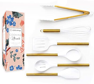 White Silicone and Gold Kitchen Utensils Set for Modern Cooking and Serving S...