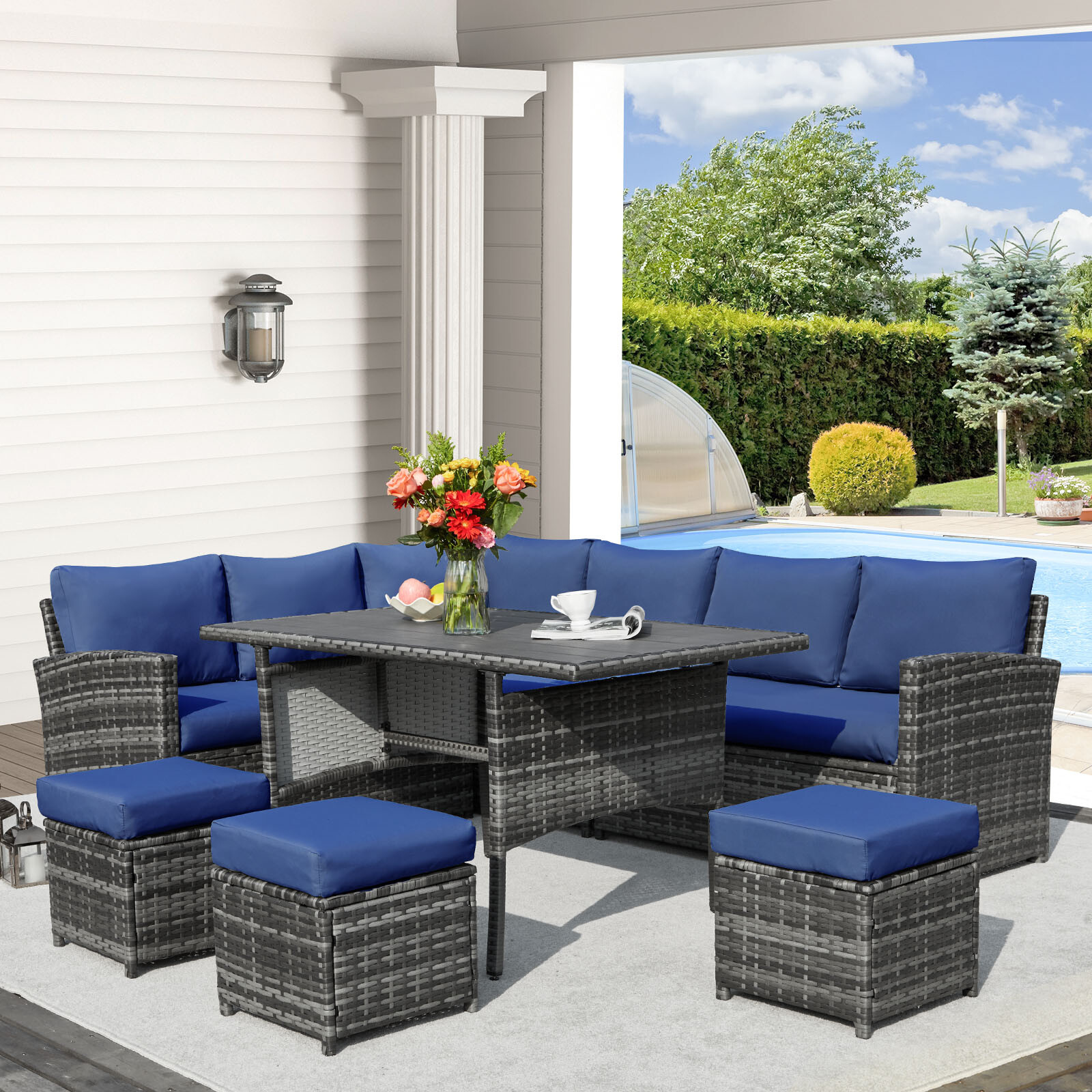 7pc Patio Furniture Set, Outdoor Dining Table&Chairs Wicker Conversation Ottoman thumbnail 8