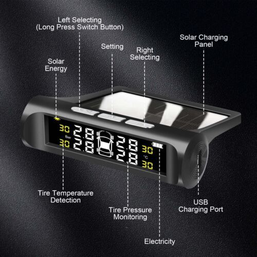 Sistema de monitoreo de presión de neumáticos de automóvil LCD solar inalámbrico TPMS 4 sensores externos - Imagen 2 de 20