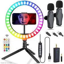 Vivitar10" RGB LED Ring Light and Dual Wireless Lavelier Mic YouTuber's Best Kit
