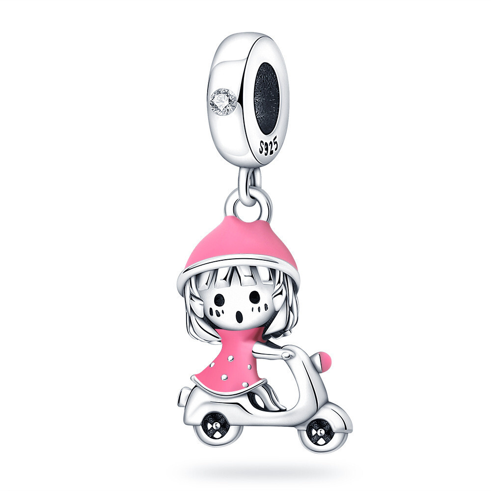 Scooter Girl Pink Bike Charm in 925 Sterling Silver for Mum or Wife