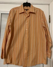 Mens BCBG MAXAZRIA Sz L 16.5 32/33 Orange Cotton Blend Striped Dress Shirt EUC