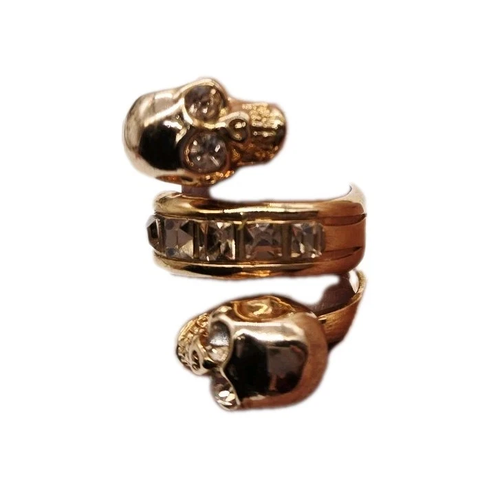 Alexander McQueen Double Crystal Skull Ring Rose tone Gold Wrap Around size 6 - Image 2 of 4