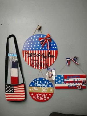 Patriotic Decor Lot - 3 Door Signs, Flag Purse/Bag , A Bobble Head & A Flag