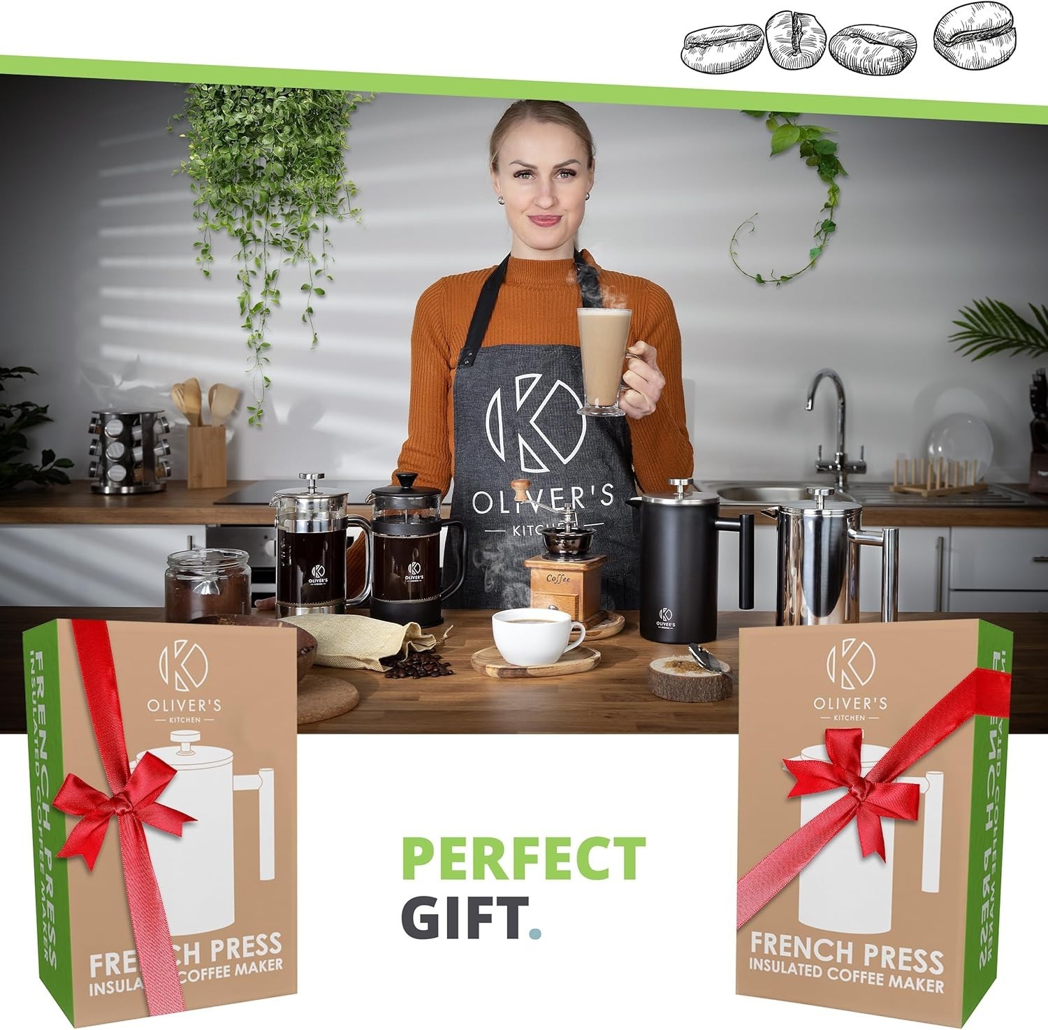 French Press Cafetiere Coffee Maker - Thermal Insulated Double Wall - Stainle...