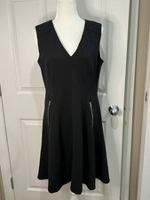 Calvin Klein Black Sleeveless Fit & Flare Dress Size 10 Zipper Accents
