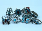 Estate Vintage Zuni Sterling Silver Turquoise Coral Chip Inlay 9 RING Lot 41g