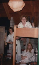 Three Women Bunk Beds Pajamas Smiling Sleepover Cabin Candid Friends Camp