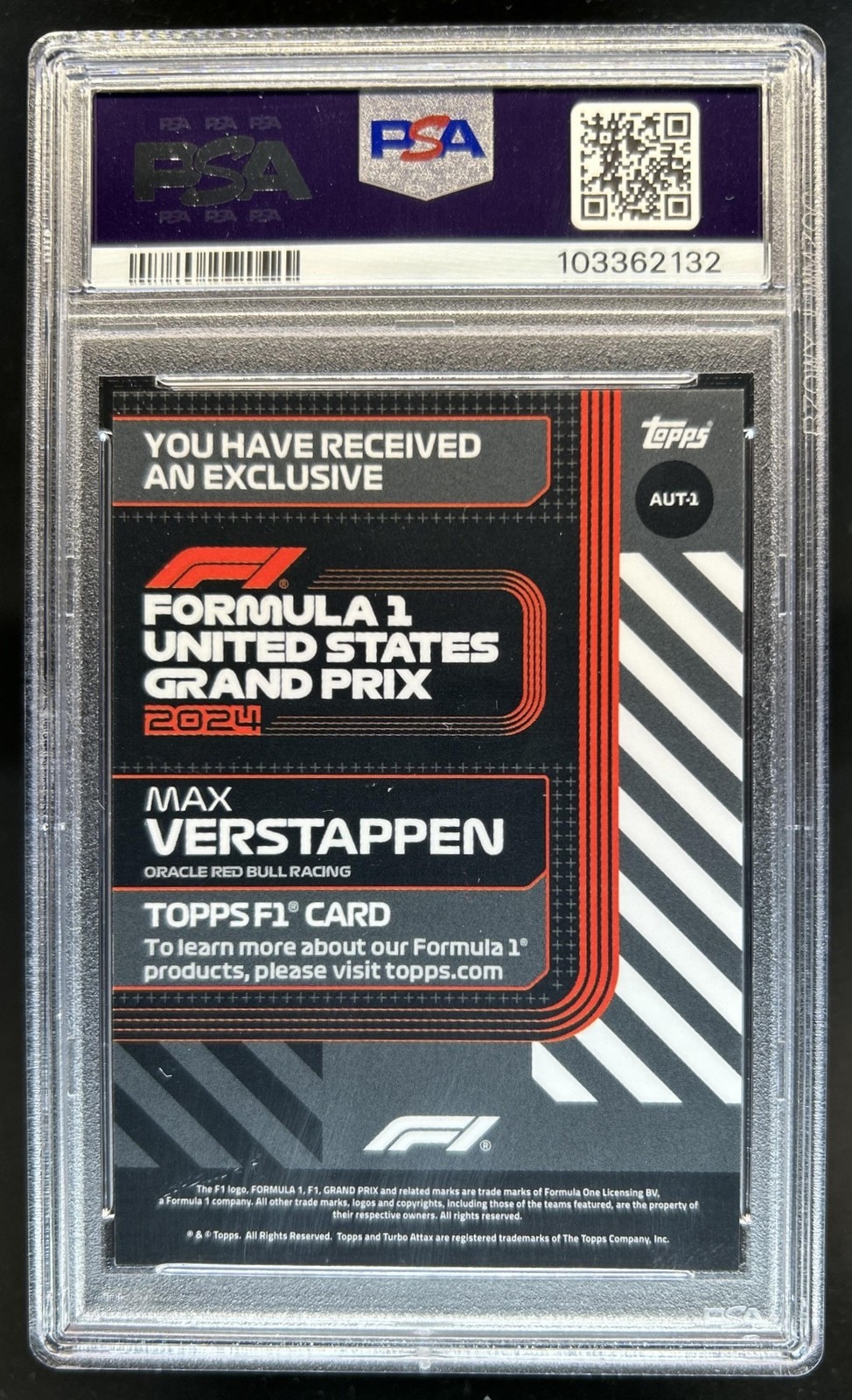 2024 Topps F1 Formula 1 Max Verstappen Gold US Grand Prix #/50 PSA 9 view 2