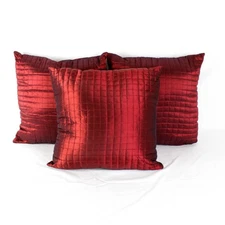 Lot of 3 Metallic Red Decorative Throw Pillows with Grid Stitching Pattern