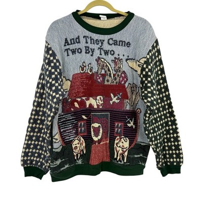 Vintage Tapestry Sweater Noah s Ark  And They Came Two By Two  Sz L Blanket