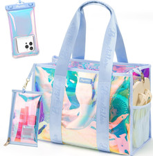 Iridescent Beach Bag, Jelly Tote Bag with Phone Pouch Makeup Bag Large Beach B