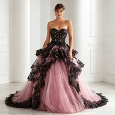 Strapless Sweetheart Neck Dusty Pink Evening Dress Black Lace Ruffles Prom Gowns