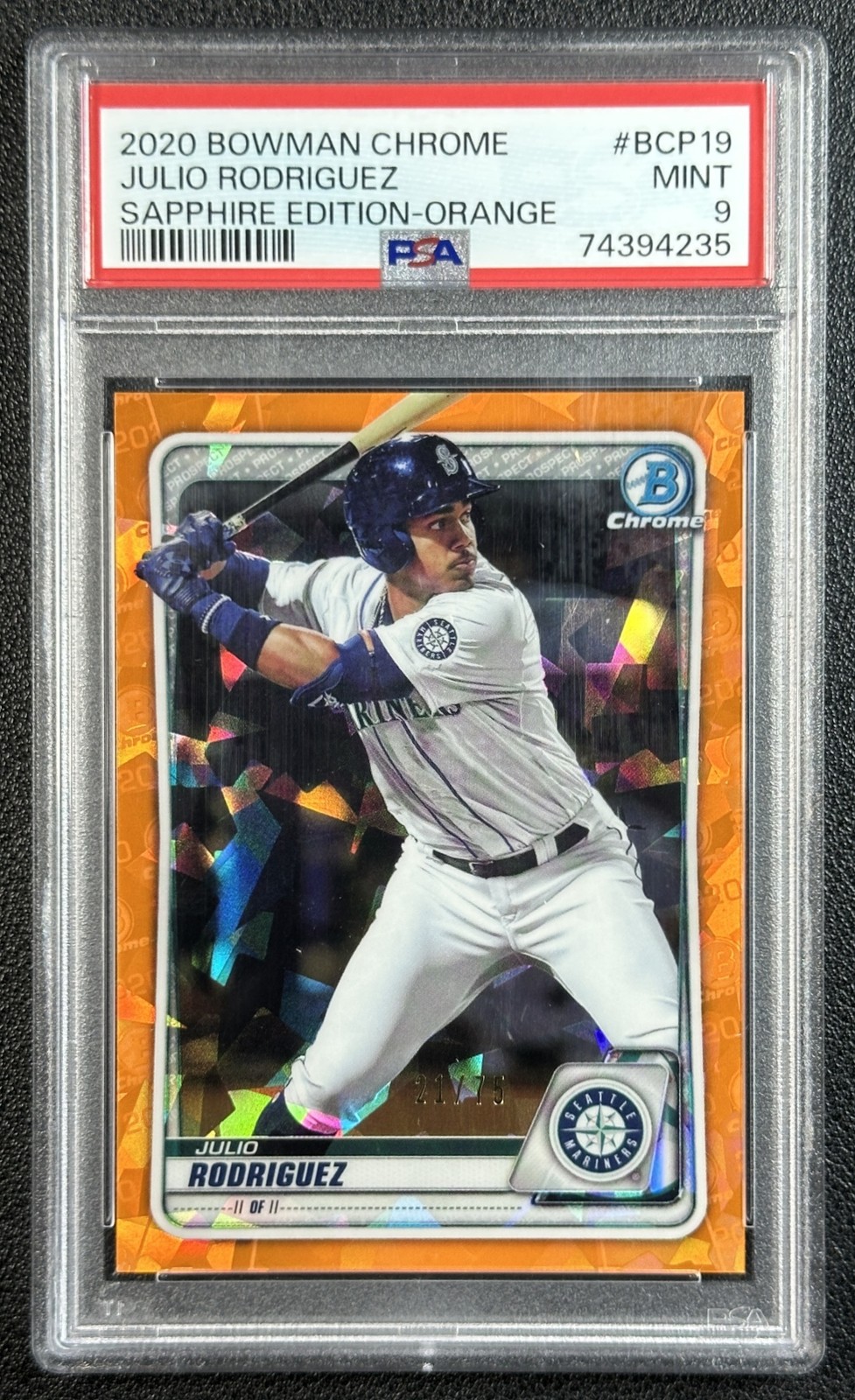 JULIO RODRIGUEZ PSA 9 2020 BOWMAN CHROME SAPPHIRE #BCP-19 ORANGE REFRACTOR 21/75