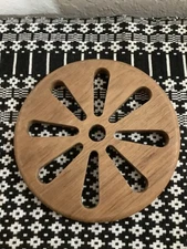 Vintage FAROY Thailand Teak Wood Trivet Mid Century Round Hot Plate FLOWER