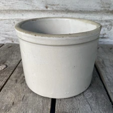 Antique Early Primitive Miniature Small Size Stoneware Crock, Big Chip