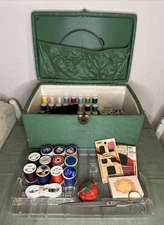 Vintage 10x8 Sewing Box Avocado Green with Tray Filled Notions Thread Needle