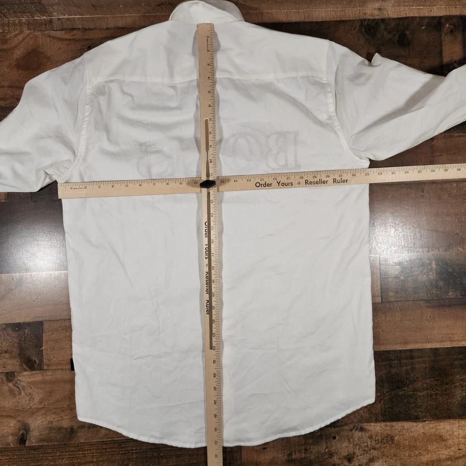 Camisa Hugo Boss Hombres XL Blanca Marrón Deletrear Botón Abotonado Calce Ajustado Elastizado Foto 4 de 4