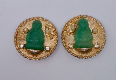 Vintage ART Arthur Pepper Buddha Earrings R-Stone Faux Jade & Seed Pearl E28