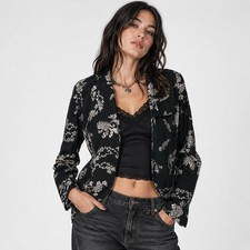 Chicos Y2K Silk Blend Embroidered Floral Open Front Blazer Jacket Black Sz 1 S