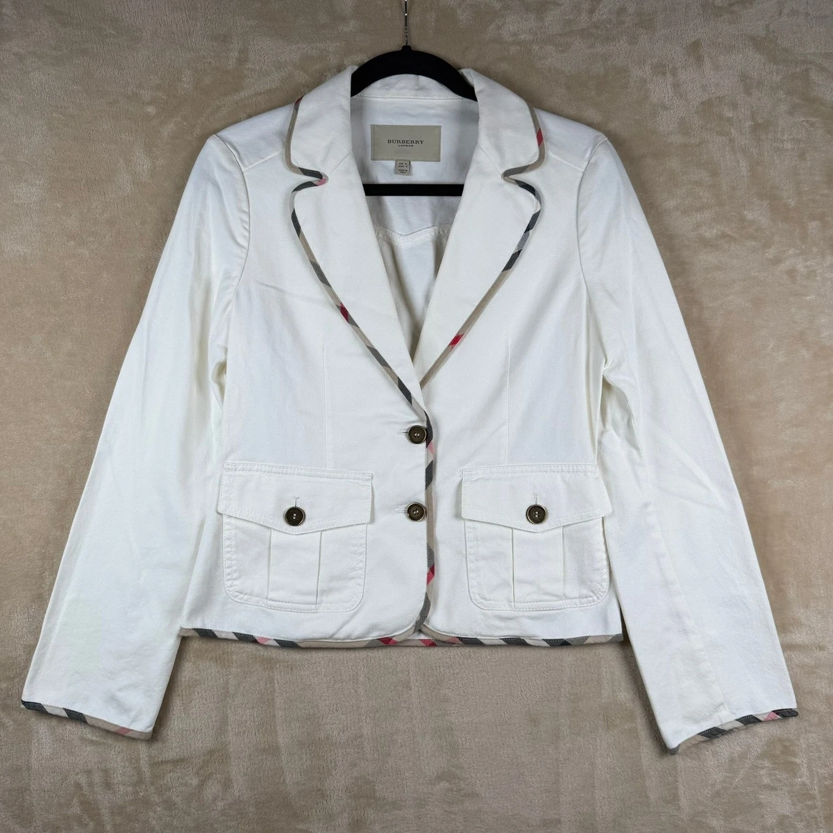 Chaqueta Blazer Burberry London Mujer 6 Blanco Denim Nova Check Ribete Italia Lujo
