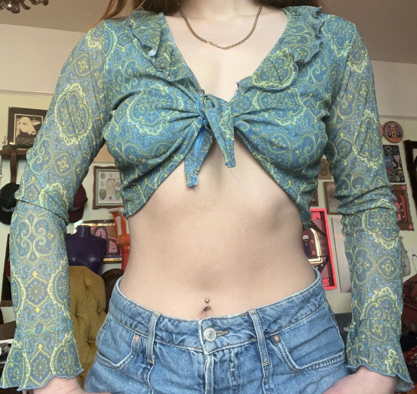 VTG Y2K Does 70s Groovy Green Paisley Tie Front Crop Top Fairy Grunge Hippie LG