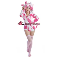 Women One-piece Pajama Hoodie Pink Cow Romper Bodysuit Hooded Homewear with Sock