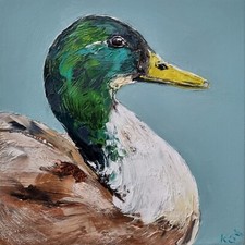 Pommersche Ente Portrait Original Ölgemälde Vogel Wandkunst auf Holz 5x5"