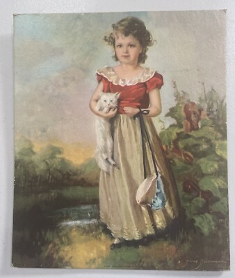 Art Print Lithography Jane Freeman  A Lass with Her Kitten  Chums 1940s-@AAK Co.