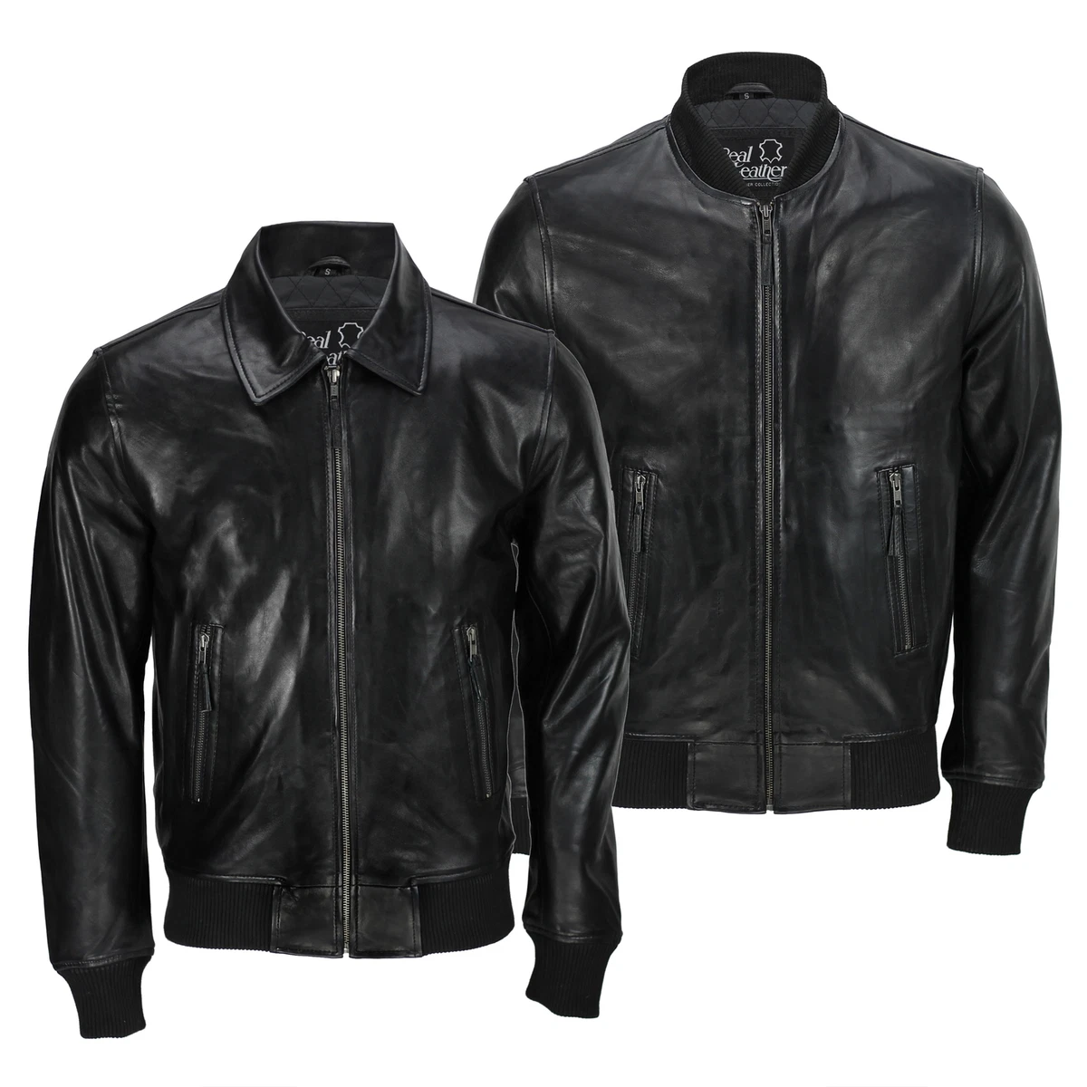 Mens Black Soft Real Leather Vintage Collar Bomber Style Biker Jacket All  Sizes