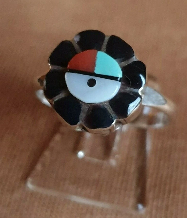 Zuni Ring Sunface in Onyx Blüte, Türkis, Koralle, Onyx,, 925% Silber, Indianer - Bild 2 von 4