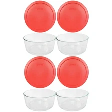 Pyrex 7203 6/7 Cup Glass Food Storage Bowl w/ 7402-PC Red Lid Cover (4-Pack)