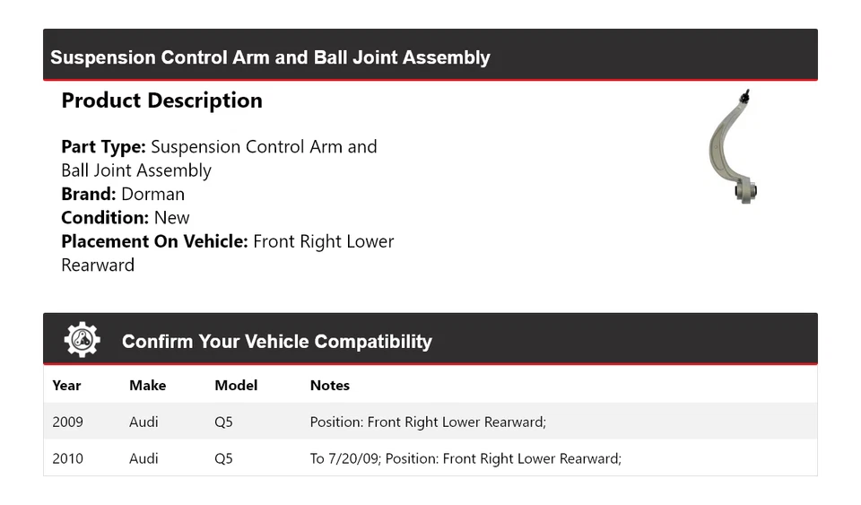 Conjunto de rótula brazo de control Dorman para Audi Q5 2009-2010 Foto 2 de 4