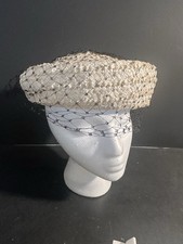 Vintage 1960s Ivory Faux Straw Pillbox Hat Featuring Black Birdcage Netting