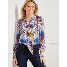 TALBOTS NWT Floral Medallion Print Long Sleeve Tie Neck Top M