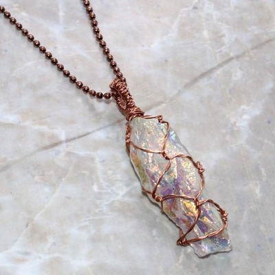 Copper Wire-Wrapped Crystal Titanium Aura Quartz Necklace 18'' Women Jewelry MJ