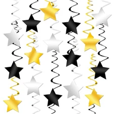 , Black Gold and Silver Star Hanging Swirls- Pack of 30, No DIY | Black and G...