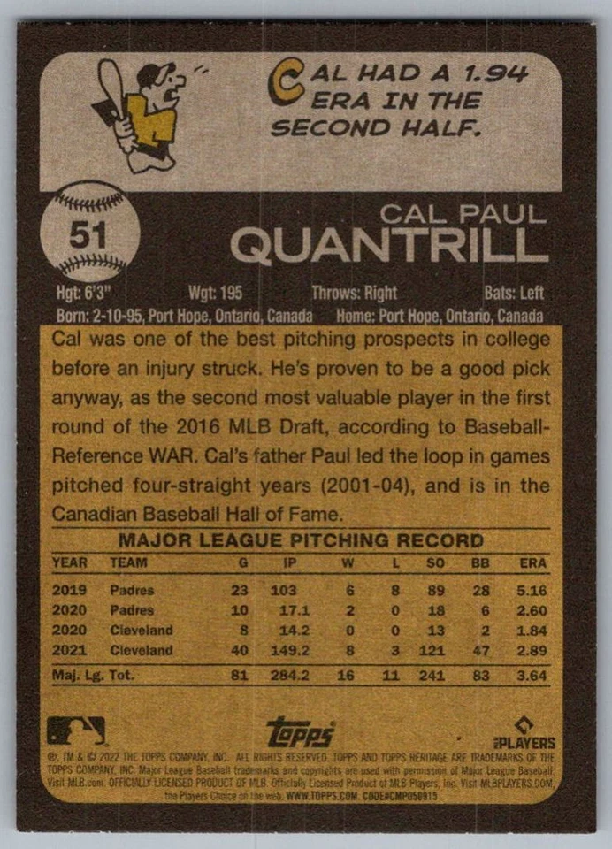 2022 Topps Heritage Cal Quantrill Cleveland Guardians #51 - Image 2 of 2