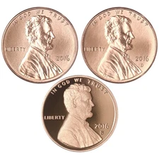 2016 P D S Lincoln Shield Cent Year Set Proof & BU US 3 Coin Lot