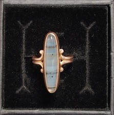 Antique Victorian 10K Rose Gold Dendritic Agate Ring Scenic Blue Navette Cab