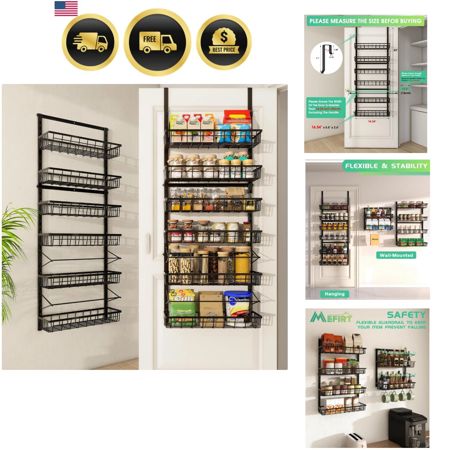 Over The Door Pantry Organizer, Pantry Storage and Organization, 6-Tier Adjus...
